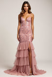 Dusty Rose Mermaid V-Neck Lace Prom Dress With Slit