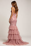 Dusty Rose Mermaid V-Neck Lace Prom Dress With Slit