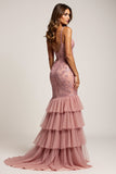 Dusty Rose Mermaid V-Neck Lace Prom Dress With Slit