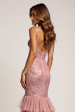 Dusty Rose Mermaid V-Neck Lace Prom Dress With Slit