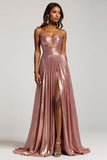 Metallic Cut Out Pleated Dusty Rose Prom Dress With Slit