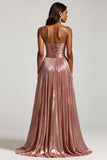 Metallic Cut Out Pleated Dusty Rose Prom Dress With Slit