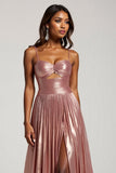 Metallic Cut Out Pleated Dusty Rose Prom Dress With Slit