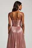 Metallic Cut Out Pleated Dusty Rose Prom Dress With Slit