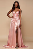 A Line Satin Long Blush Pink Prom Dress With Slit