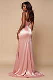 A Line Satin Long Blush Pink Prom Dress With Slit