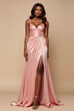 A Line Satin Long Blush Pink Prom Dress With Slit