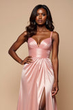 A Line Satin Long Blush Pink Prom Dress With Slit