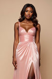 A Line Satin Long Blush Pink Prom Dress With Slit