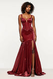 Burgundy Mermaid Velvet Corset Prom Dress With Slit