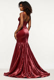 Burgundy Mermaid Velvet Corset Prom Dress With Slit