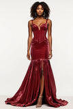 Burgundy Mermaid Velvet Corset Prom Dress With Slit