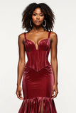 Burgundy Mermaid Velvet Corset Prom Dress With Slit