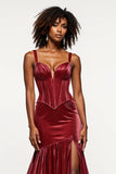 Burgundy Mermaid Velvet Corset Prom Dress With Slit