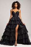 Satin Tiered A Line Black Prom Dress