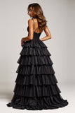 Satin Tiered A Line Black Prom Dress