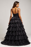 Satin Tiered A Line Black Prom Dress