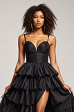 Satin Tiered A Line Black Prom Dress