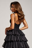 Satin Tiered A Line Black Prom Dress