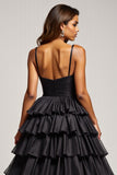 Satin Tiered A Line Black Prom Dress