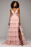 Blush Pink V-Neck Tiered Ruffled Lace Prom Dress