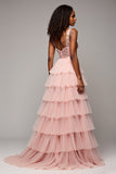 Blush Pink V-Neck Tiered Ruffled Lace Prom Dress