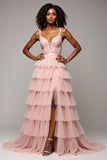 Blush Pink V-Neck Tiered Ruffled Lace Prom Dress