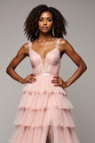 Blush Pink V-Neck Tiered Ruffled Lace Prom Dress