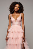 Blush Pink V-Neck Tiered Ruffled Lace Prom Dress