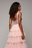 Blush Pink V-Neck Tiered Ruffled Lace Prom Dress