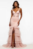 Mermaid Tulle Lace Long Blush Pink Prom Dress With Slit