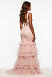 Mermaid Tulle Lace Long Blush Pink Prom Dress With Slit