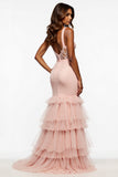 Mermaid Tulle Lace Long Blush Pink Prom Dress With Slit