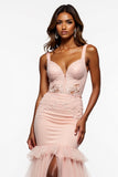 Mermaid Tulle Lace Long Blush Pink Prom Dress With Slit