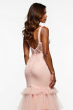 Mermaid Tulle Lace Long Blush Pink Prom Dress With Slit