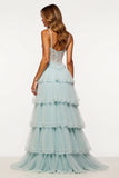 Light Blue Tulle Lace Corset Long Prom Dress With Slit