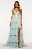 Light Blue Tulle Lace Corset Long Prom Dress With Slit