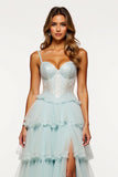 Light Blue Tulle Lace Corset Long Prom Dress With Slit