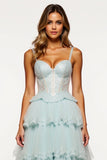 Light Blue Tulle Lace Corset Long Prom Dress With Slit