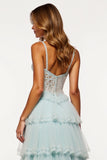 Light Blue Tulle Lace Corset Long Prom Dress With Slit