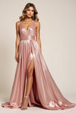 Dusty Rose V-Neck Satin Pleated A Line Prom Dress