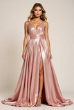 Dusty Rose V-Neck Satin Pleated A Line Prom Dress