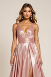 Dusty Rose V-Neck Satin Pleated A Line Prom Dress