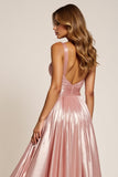 Dusty Rose V-Neck Satin Pleated A Line Prom Dress