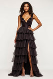 A Line V-Neck Tiered Ruffle Long Black Prom Dress With Slit