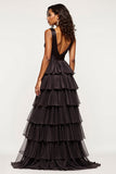 A Line V-Neck Tiered Ruffle Long Black Prom Dress With Slit