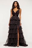 A Line V-Neck Tiered Ruffle Long Black Prom Dress With Slit