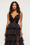 A Line V-Neck Tiered Ruffle Long Black Prom Dress With Slit