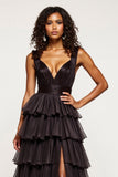 A Line V-Neck Tiered Ruffle Long Black Prom Dress With Slit