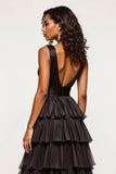 A Line V-Neck Tiered Ruffle Long Black Prom Dress With Slit